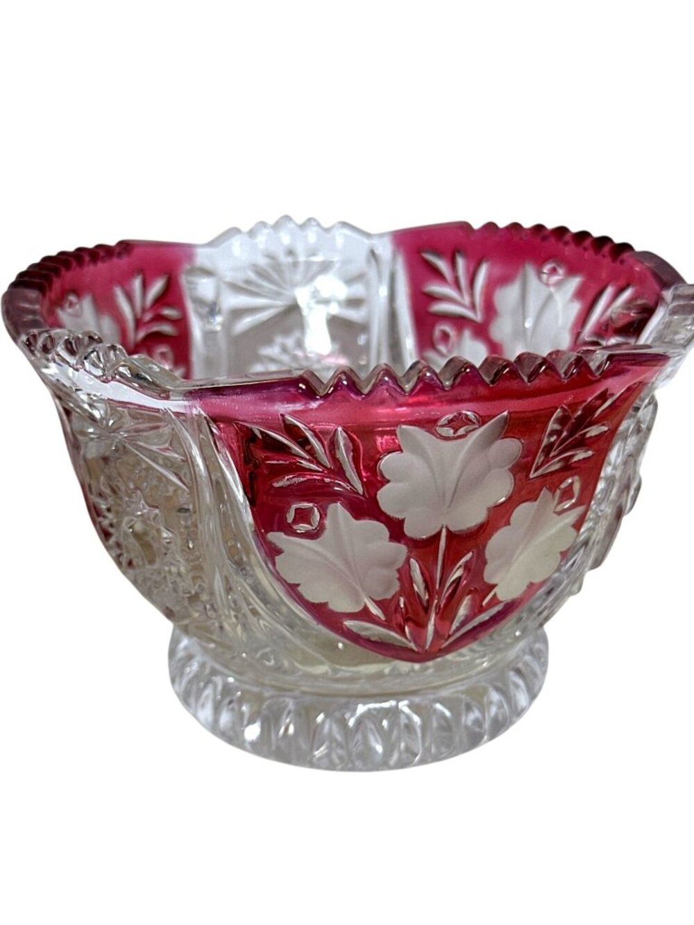 Retro Ruby Red Crystal Dish Bowl Candy Nut Hand Cut Scalloped Edges Timeless